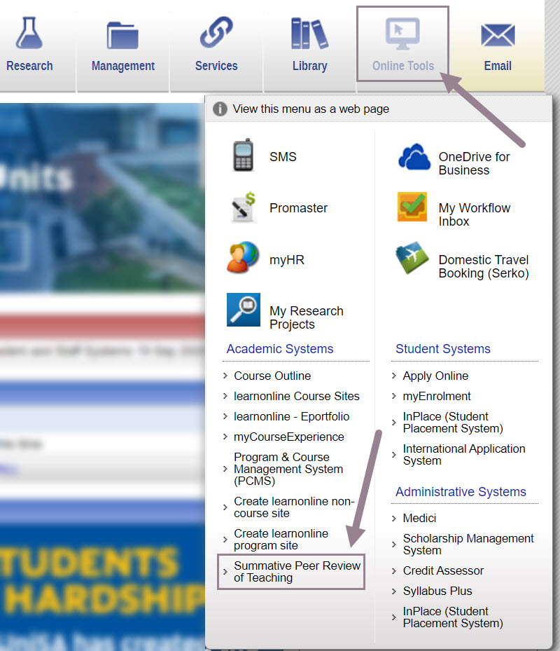 screenshot showing how to access Summative Peer Review of Teaching via Link in staff portal