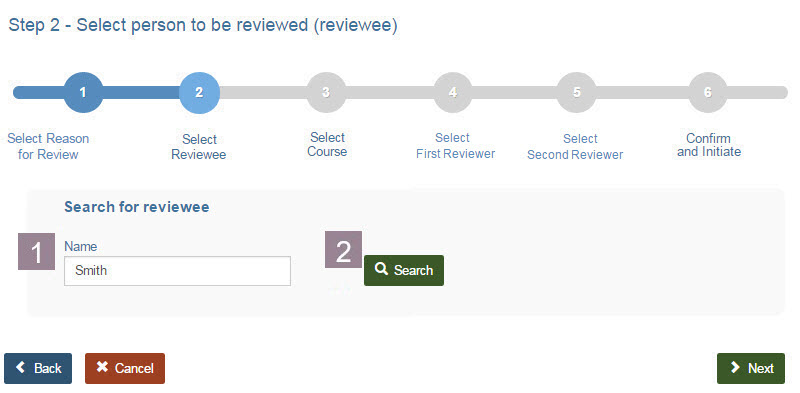 screenshot of step 2 showing how to select the person to be reviewed