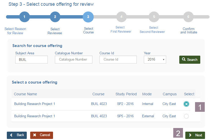 screenshot showing how to select course offering as described in the text below