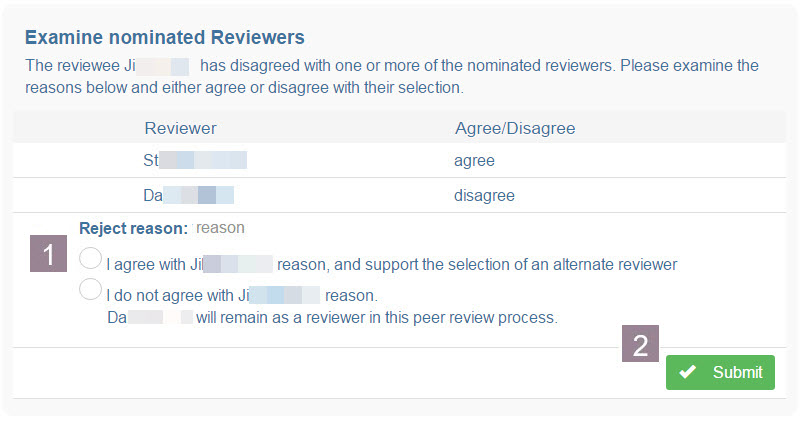 Screenshot of examine nominated reviewers window showing how to select agree or disagree with reject reason as outlined in text below