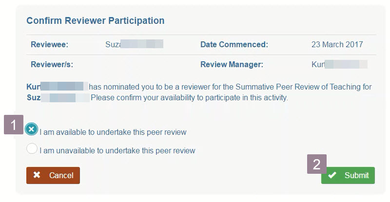 screenshot showing how to Confirm reviewer participation as described in text below
