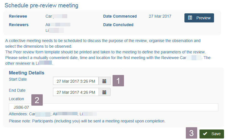 screenshot showing how to Schedule a pre review meeting as described in the text below
