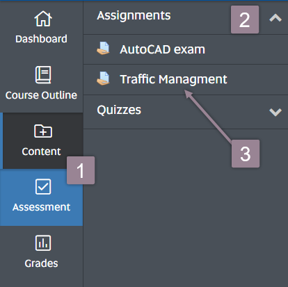 Moodle left hand menu bar, Assessment tab is highlighted and the fourth option, assessment names displayed to the right of the navigation menu