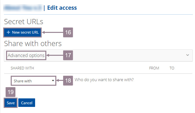 Screenshot of the collection access settings with fields for URL, advanced options, share with and save button. 