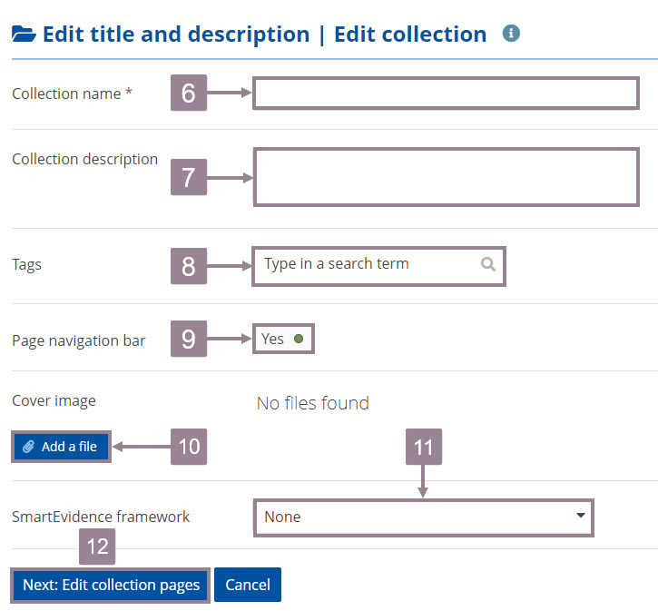 Screenshot of the edit collection page with fields for title, description, tags, navigation, image, framework and next button