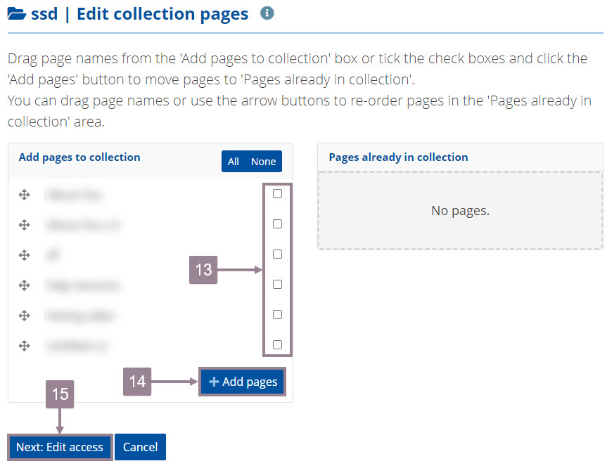 Screenshot of the edit collection pages section with all pages to be selected, add pages button and next button. 