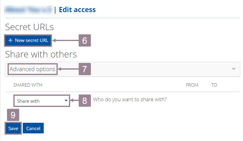 Screenshot of the access options with new secret url, advanced options, share with and save button. 