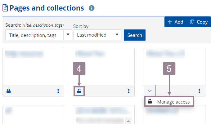 Screenshot of the pages and collections section and the lock icon with manage access option. 