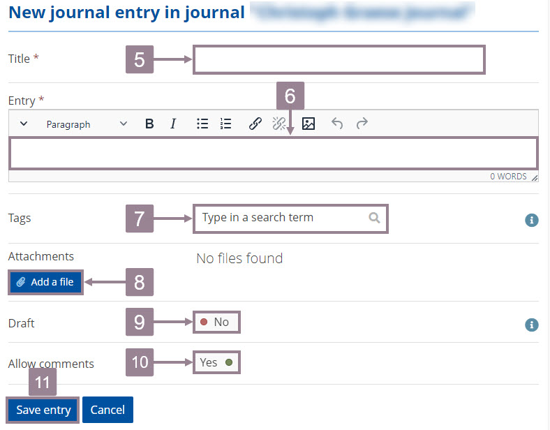 Screenshot of the add new journal entry page with title, entry tags, file attachment, draft and comment option. 
