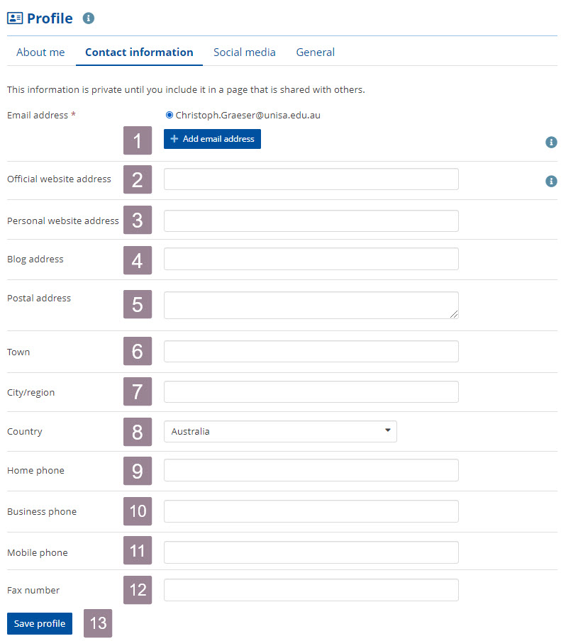 Screenshot showing the information fields of the profile contact information section. 