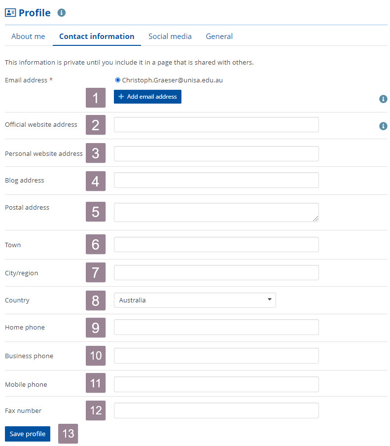 Screenshot showing the information fields of the profile contact information section.