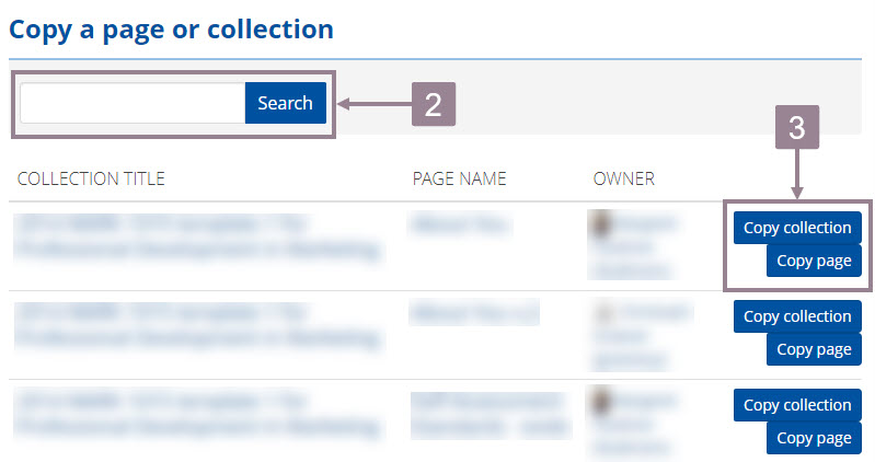 Screenshot showing the pages and collection search bar and the copy button. 