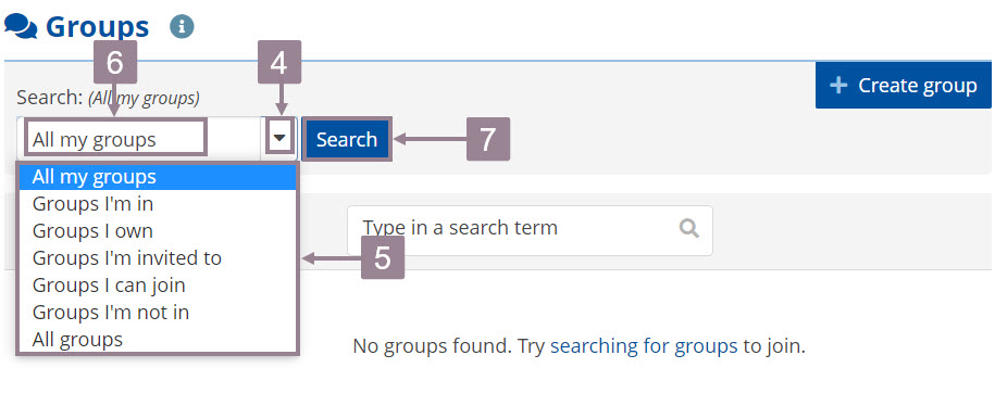 Screenshot of the group overview with search bar and search button. 
