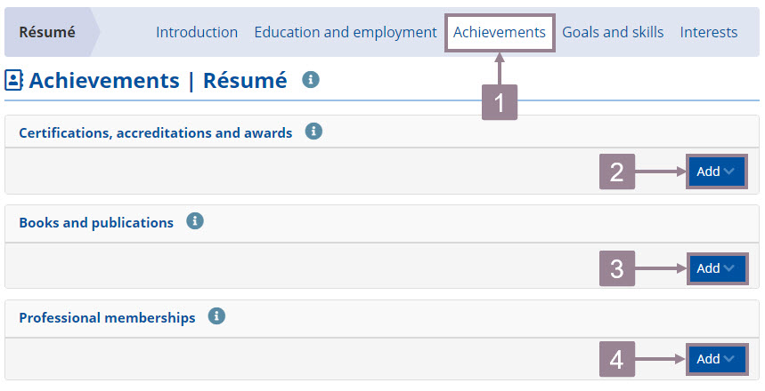 Screenshot of the resume achievements section. 
