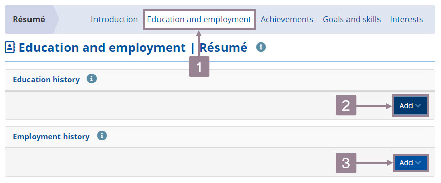 screenshot showing the education and employment section of the resume with add options for education and employment 