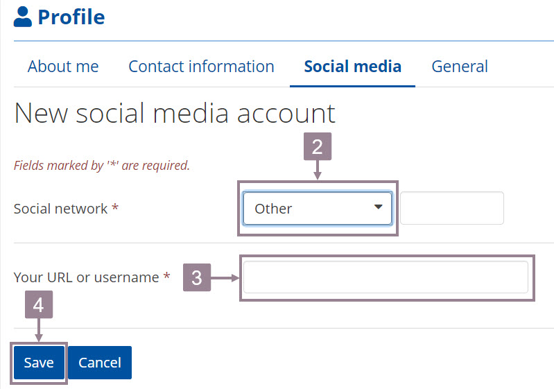 screenshot of the profile social media section selecting social network and URL. 