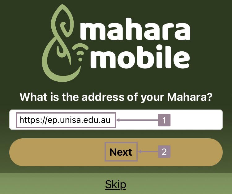 Screenshot showing the address field of the mahara app and the next button.