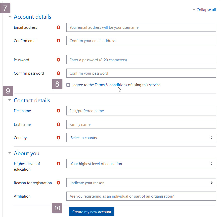 Image of Account details form, highlighting the terms and conditions link.